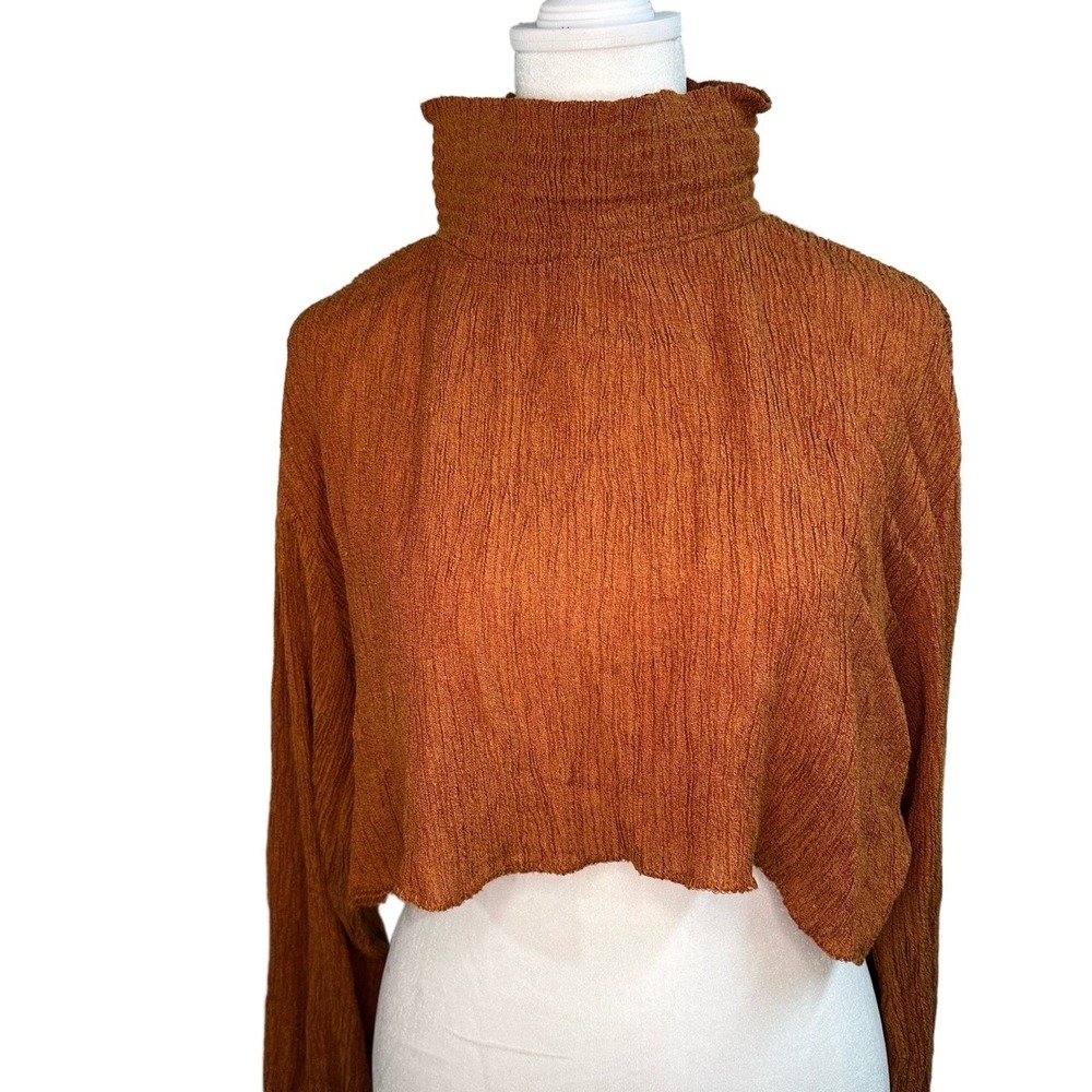 Silk & Bamboo Lightweight Cropped Turtleneck Long Sleeve Top - Rust
